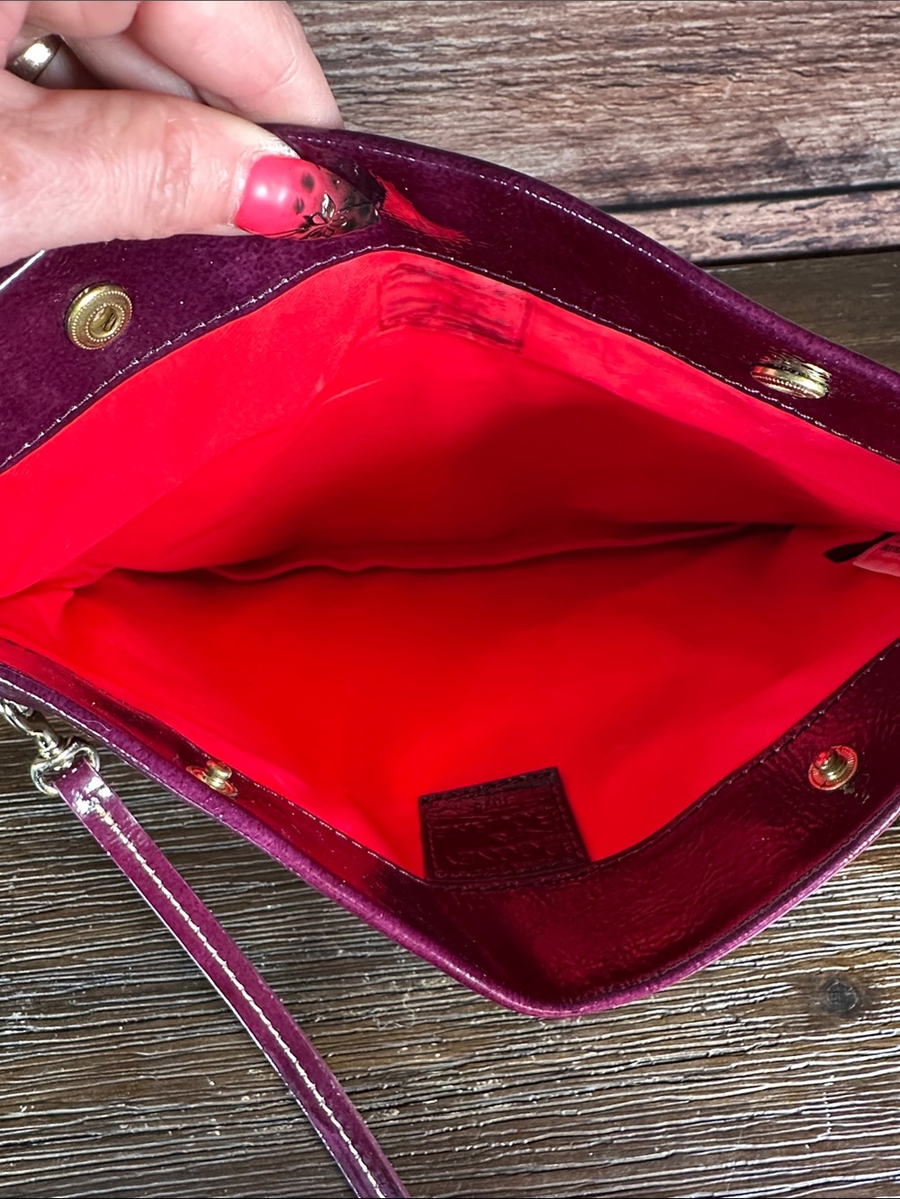 Dooney & Bourke Plum Patent Leather Fold-Over Clutch Shoulder Bag - Picture 9 of 10